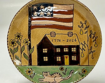 Made To Order - Smith Redware - Plate - Folk Art, Patriotic, Made in USA, Crackle, Flag, Stars & Stripes, USA, Cat, Cabin, 2026, 1776, 250th