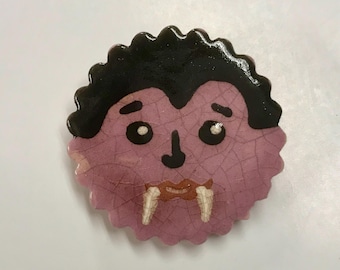 Smith Redware - Handcrafted Dracula Pin - Folk Art, Hand Painted, USA Made, Crackle Glaze, Slip Decorated, Jewelry, Halloween