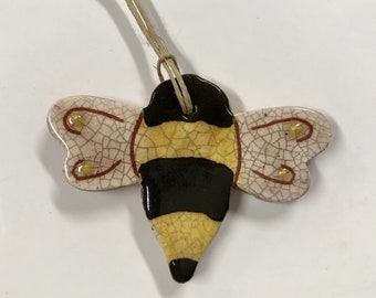 Smith Redware - Handcrafted Bee Ornament, Folk Art, USA Made, Crackle Glaze, Slip Decorated, Bee, Honey Bee