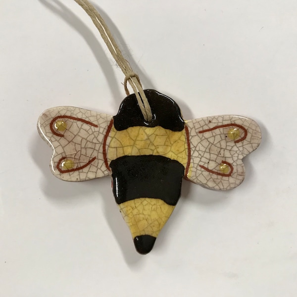 Smith Redware - Handcrafted Bee Ornament, Folk Art, USA Made, Crackle Glaze, Slip Decorated, Bee, Honey Bee