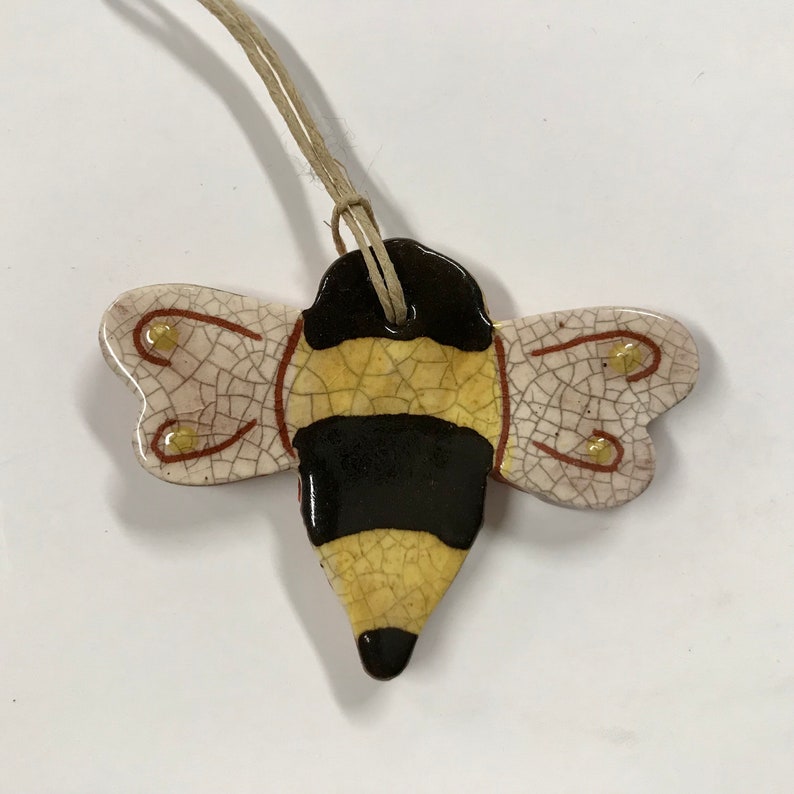 Smith Redware Handcrafted Bee Ornament, Folk Art, USA Made, Crackle Glaze, Slip Decorated, Bee, Honey Bee image 1