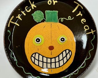 Made To Order - Smith Redware - Slab Plate - “Trick or Treat" - Halloween Plate, Folk Art, Made in USA, Crackle, Fall, Primitive, Pumpkin