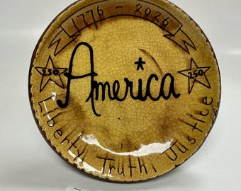 Smith Redware - Handcrafted, Sgraffito Plate, Primitive, Folk Art, Made in USA, Crackle, America, Patriotic, 250th, 1776-2026, We the People