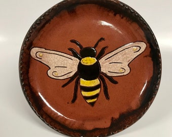 Smith Redware - Handcrafted, Sgraffito Decorated Plate, Primitive, Folk Art, Made in USA, Crackle Glaze, Bees, Beeskep, Bumble Bee, Oval