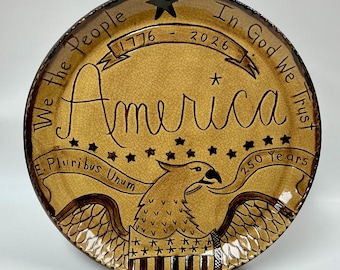 Made to Order - Smith Redware - Handcrafted Slab Plate - Folk Art, Patriotic, USA Made, Sgraffito, Primitive, USA, Eagle, 1776, 2026, 250th