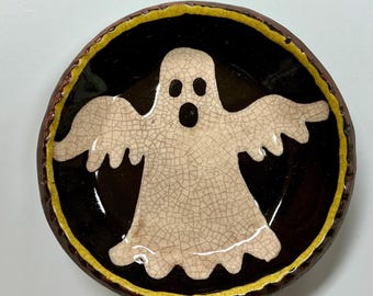 Smith Redware - Handcrafted Plate - Folk Art, Autumn, American Made, Crackle Glaze, Slipware, Primitive, Halloween, Fall, USA, Ghost