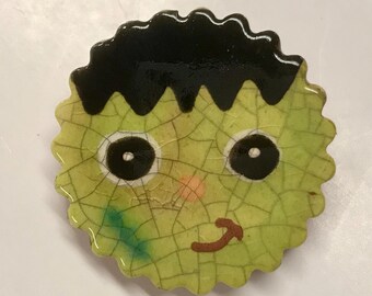 Smith Redware - Handcrafted Jack O Lantern Pin - Folk Art, Hand Painted, USA Made, Crackle Glaze, Slip Decorated, Jewelry, Halloween