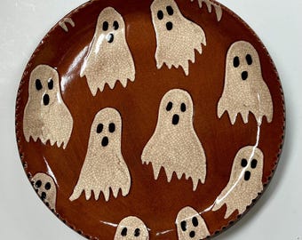 Smith Redware - Handcrafted Plate - Folk Art, Autumn, Slipware, Primitive, Halloween, Fall, USA, Ghosts