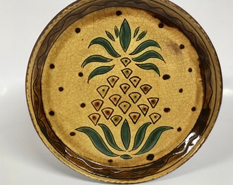 Smith Redware - Handcrafted Pineapple Plate - Folk Art, Hand Painted, Made in America, Crackle Glaze, Slip Decorated, Primitive Plate