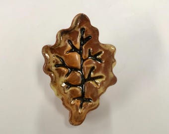 Smith Redware - Handcrafted Bowl Fillers, Folk Art, USA Made, Crackle, Slip Decorated, Fall, Brown-Yellow Leaf