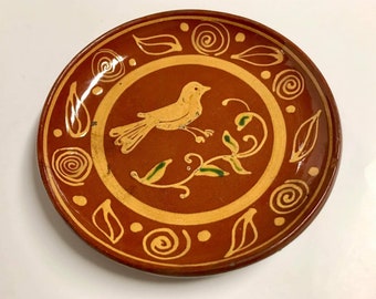 Turtlecreek Pottery - Bird & Floral Plate - Folk Art, Hand Painted, Made in America, Crackle Glaze, Slip Decorated, Primitive, Spring, USA