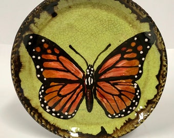 Smith Redware - Handcrafted, Sgraffito Decorated Plate, Primitive, Folk Art, Made in USA, Crackle Glaze, Monarch, Butterfly, Spring