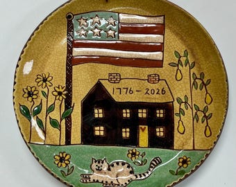 Smith Redware - Plate - Folk Art, Patriotic, Made in USA, Crackle, Flag, Stars & Stripes, USA, Cat, Cabin, 2026, 1776, 250th