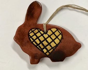 Smith Redware - Handcrafted Bunny Ornament, Folk Art, Slip Decorated, American Made, Crackle Glaze, Spring, Easter, Rabbit, Lead free, Heart