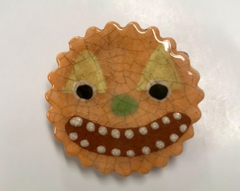 Smith Redware - Handcrafted Jack O Lantern Pin - Folk Art, Hand Painted, USA Made, Crackle Glaze, Slip Decorated, Jewelry, Halloween