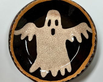 Smith Redware - Handcrafted Plate - Folk Art, Autumn, American Made, Crackle Glaze, Slipware, Primitive, Halloween, Fall, USA, Ghost