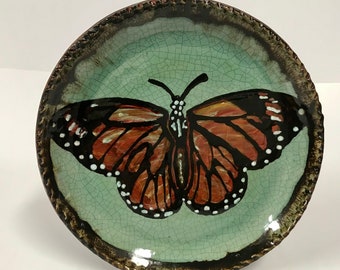 Smith Redware - Handcrafted, Sgraffito Decorated Plate, Primitive, Folk Art, Made in USA, Crackle Glaze, Butterfly, Spring