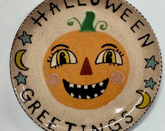 Made to Order-  Smith Redware - Slab Plate, Halloween Plate, Folk Art, Made in USA, Crackle, Fall, Primitive, Vintage, Pumpkin