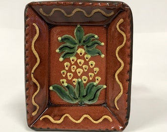 Smith Redware - Handcrafted Pineapple Plate - Folk Art, Hand Painted, Made in America, Crackle Glaze, Slip Decorated, Primitive Plate