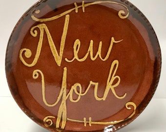 Smith Redware - Handcrafted New York Plate, Slip Decorated, Primitive, Folk Art, Made in USA, Crackle Glaze, Reproduction, Quilled