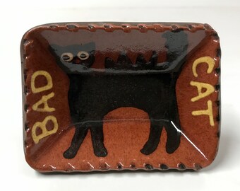 Smith Redware - Pottery, Bad Cat, Plate,  Halloween & Fall Seasonal Decoration,  Autumn, Made in USA, Crackle Glaze