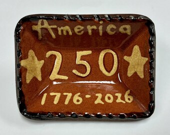 Smith Redware - Handmade Flag Plate - Folk Art, Hand Painted, USA Made, Crackle, Slip, PRIM, Tiny Rectangle, Patriotic, 1776, 2026, 250th