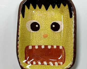 Smith Redware - Pottery, Spooky, Frankenstein Plate,  Halloween & Fall Seasonal,  Autumn, Made in USA, Crackle Glaze