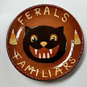 Smith Redware - Handcrafted Kitty Plate - Folk Art, Autumn, American Made, Crackle Glaze, Slipware, Primitive, Halloween, Fall, Black Cat