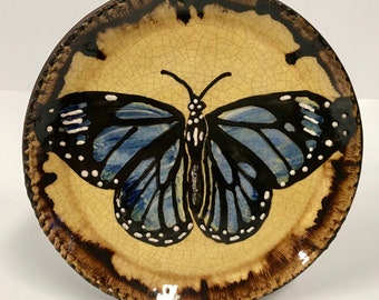 Smith Redware - Handcrafted, Sgraffito Decorated Plate, Primitive, Folk Art, Made in USA, Crackle Glaze, Monarch, Butterfly, Spring