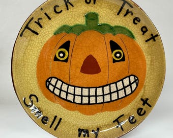 Made To Order - Smith Redware - Slab Plate - “Trick or Treat" - Halloween Plate, Folk Art, Made in USA, Crackle, Fall, Primitive, Pumpkin