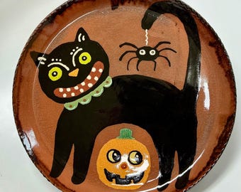 Made To Order - Smith Redware - Slab Plate - Black Cat- Halloween Plate, Folk Art, Made in USA, Crackle, Fall, Primitive, Pumpkin
