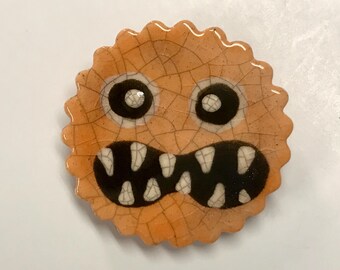 Smith Redware - Handcrafted Jack O Lantern Pin - Folk Art, Hand Painted, USA Made, Crackle Glaze, Slip Decorated, Jewelry, Halloween