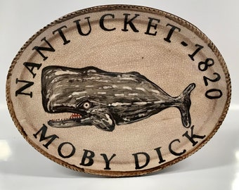 Smith Redware - Handcrafted, Slip Plate, Primitive, Folk Art, Made in USA, Crackle Glaze, Nantucket, Whale, Reproduction, Moby Dick 1820