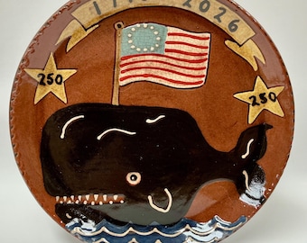 Made To Order - Smith Redware, Handcrafted, Redware, Plate, Folk Art, Whale, Crackle, Patriotic, 25Oth, 1776, 2026, Made in USA, America