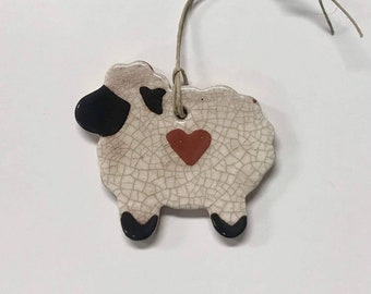 Smith Redware - Handmade Fluffy Sheep Lamb Ornament - Folk Art, Hand Painted, American Made, Crackle Glaze, Slip Decorated, Primitive Ornie