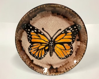 Smith Redware - Handcrafted, Sgraffito Decorated Plate, Primitive, Folk Art, Made in USA, Crackle Glaze, Butterfly, Spring