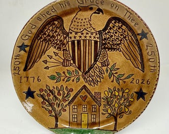 Made To Order - Smith Redware - Slab Plate - Folk Art, Patriotic, Made in USA, Crackle Glaze, Flag, Stars & Stripes, USA, Eagle, 250th, 1776