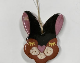 Smith Redware - Handcrafted Bunny Ornament, Folk Art, Slip Decorated, American Made, Crackle Glaze, Spring, Easter, Rabbit, Lead free