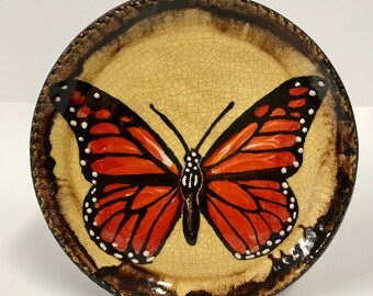 Smith Redware - Handcrafted, Sgraffito Decorated Plate, Primitive, Folk Art, Made in USA, Crackle Glaze, Monarch, Butterfly, Spring