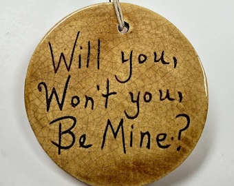 Smith Redware - Handcrafted Valentine's Day Ornament, Folk Art, USA Made, Crackle, Slip Decorated, Be Mine, Spring, In love, I love you