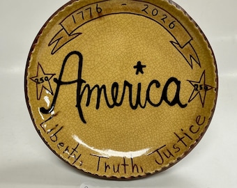 Smith Redware - Handcrafted, Sgraffito Plate, Primitive, Folk Art, Made in USA, Crackle, America, Patriotic, 250th, 1776-2026, We the People