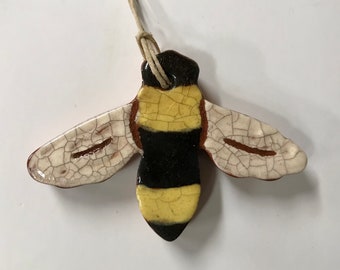 Smith Redware - Handcrafted Bee Ornament, Folk Art, USA Made, Crackle Glaze, Slip Decorated, Bee, Honey Bee