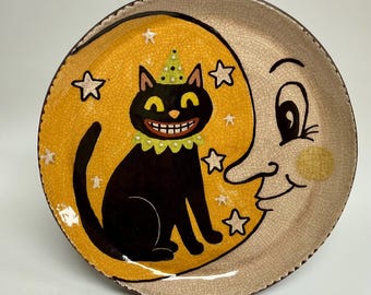 Smith Redware - Slab Plate, Halloween Plate, Folk Art, Made in USA, Crackle, Fall, Primitive, Vintage, Black Cat and Moon