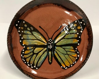 Smith Redware - Handcrafted, Sgraffito Decorated Plate, Primitive, Folk Art, Made in USA, Crackle Glaze, Monarch, Butterfly, Spring