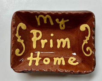 Smith Redware - Handmade ‘Primitives’ Plate - Folk Art, Hand Painted, USA Made, Crackle, Slip, PRIM, Tiny Rectangle, Shaker