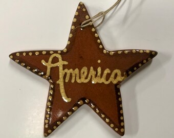 Smith Redware - Handcrafted Star Ornament - Folk Art, Hand Painted, American Made, Crackle Glaze, Slip Decorated, Primitive Ornie, Liberty
