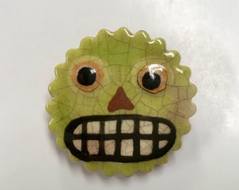 Smith Redware - Handcrafted Jack O Lantern Pin - Folk Art, Hand Painted, USA Made, Crackle Glaze, Slip Decorated, Jewelry, Halloween