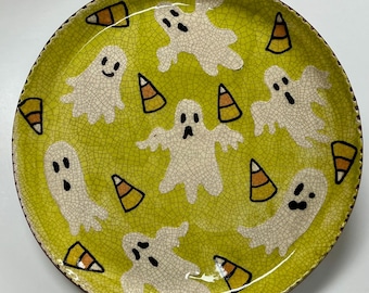 Made To Order - Smith Redware - Slab Plate - Ghost and Candy Corn- Halloween Plate, Folk Art, Made in USA, Crackle, Fall, Primitive