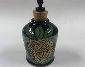 Smith Redware - Handcrafted Soap or Lotion Dispenser, Primitives, Folk Art, Made in USA, Crackle Glaze, Pineapple, Thrown, Welcome, Gift