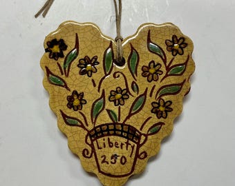 Smith Redware - Ornament - Folk Art, Made in USA, Sgraffito, Tulip, Floral, Scalloped Heart, Crackle, Flower, Ornament, 250th, 1776, 2026